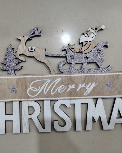 Wooden “Merry Christmas” Hanging Décor – Santa & Reindeer Design