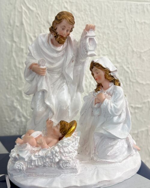 Holy Family Nativity Scene – 7 Inch | White Polyresin | Baby Jesus Crib