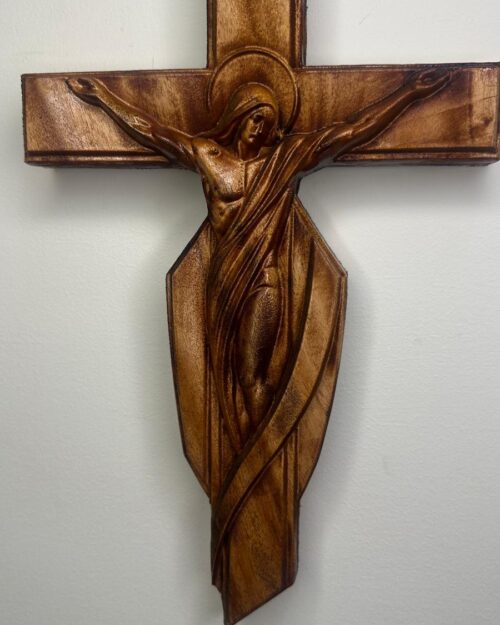Hand-Carved Mahogany Wood Crucifix – Traditional Christian Wall Cross - 14 inch