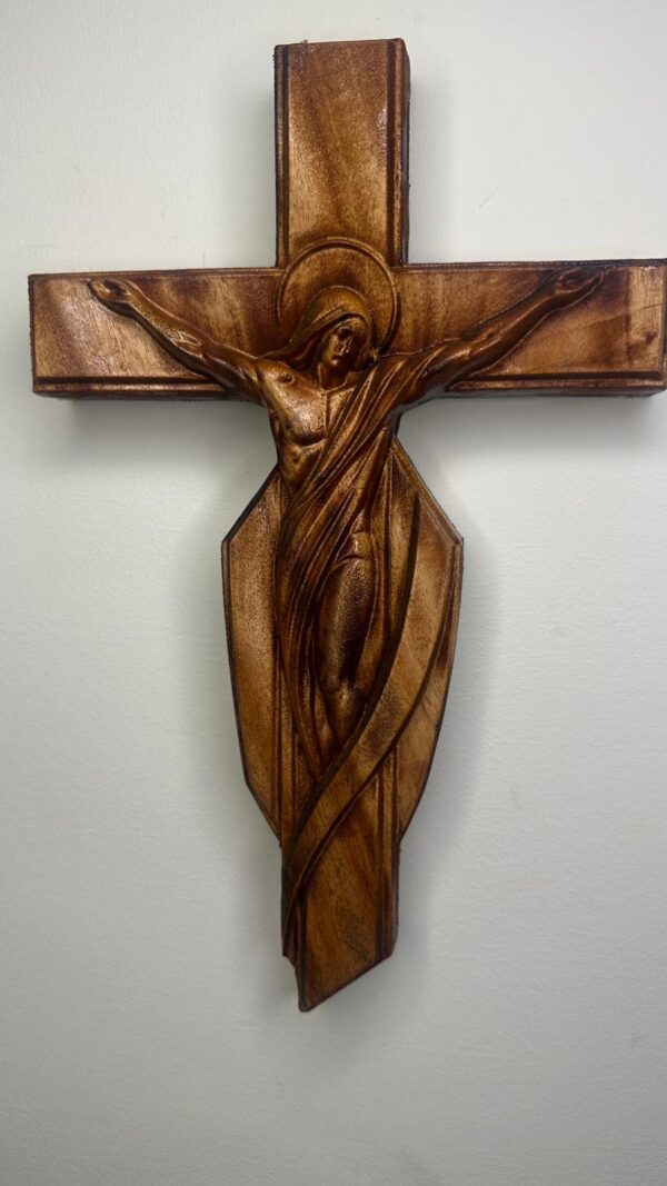 Hand-Carved Mahogany Wood Crucifix – Traditional Christian Wall Cross - 14 inch