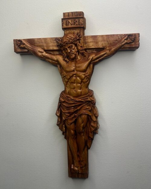 Hand-Carved Mahogany Wood Crucifix – Classic Christian Wall Cross- 14 inch
