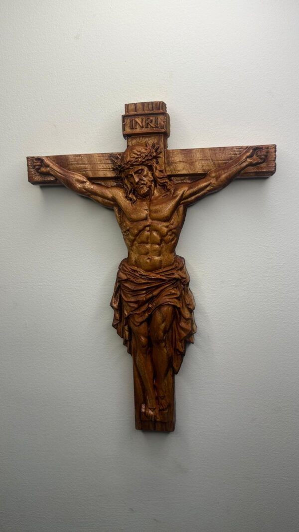 Mahogony Holy Cross Hand-Carved Mahogany Wood Crucifix – Classic Christian Wall Cross- 14 inch