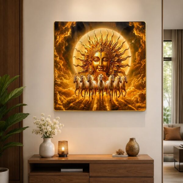 Surya Dev Seven Horses Golden Wall Art - 24 x 24 inch