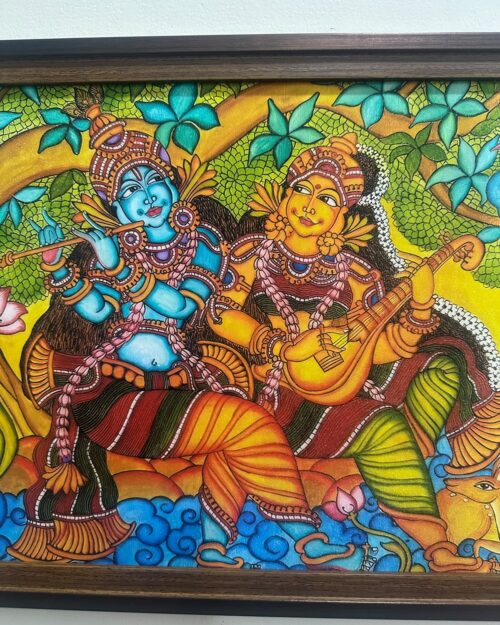Krishna and Saraswati Devotional Framed Wall Art - 14 X 20 inch I Mural Art