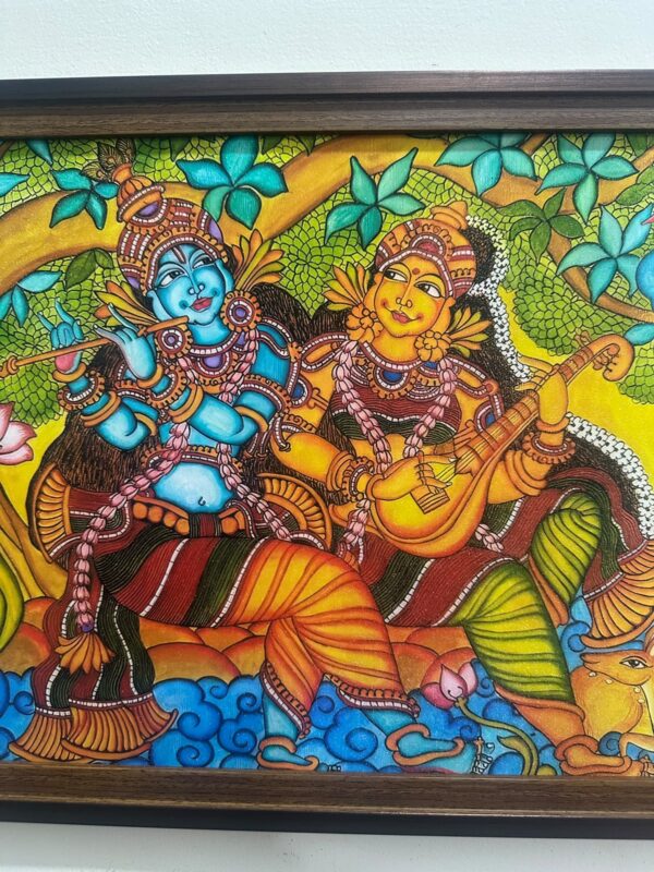 Krishna and Saraswati Devotional Framed Wall Art - 14 X 20 inch I Mural Art