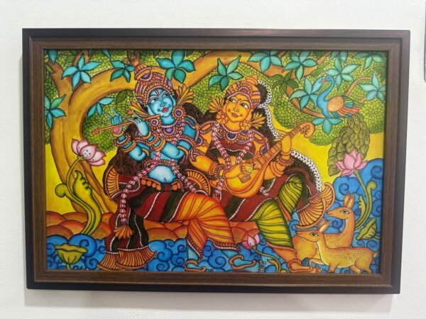 Krishna and Saraswati Devotional Framed Wall Art - 14 X 20 inch I Mural Art