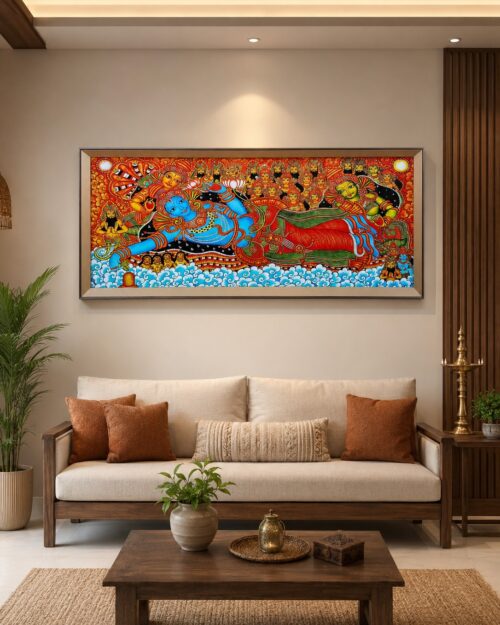 4 1/4 Feet Anantha Shayana Mahavishnu Framed Wall Art | Premium Matte Finish Wooden Frame Hindu Devotional Painting for Home, Temple & Office