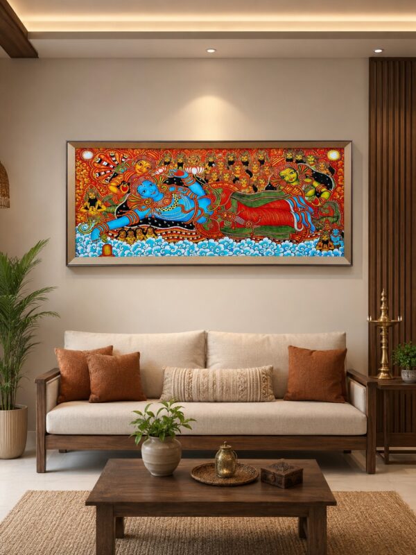 2999 4 1/4 Feet Anantha Shayana Mahavishnu Framed Wall Art | Premium Matte Finish Wooden Frame Hindu Devotional Painting for Home, Temple & Office