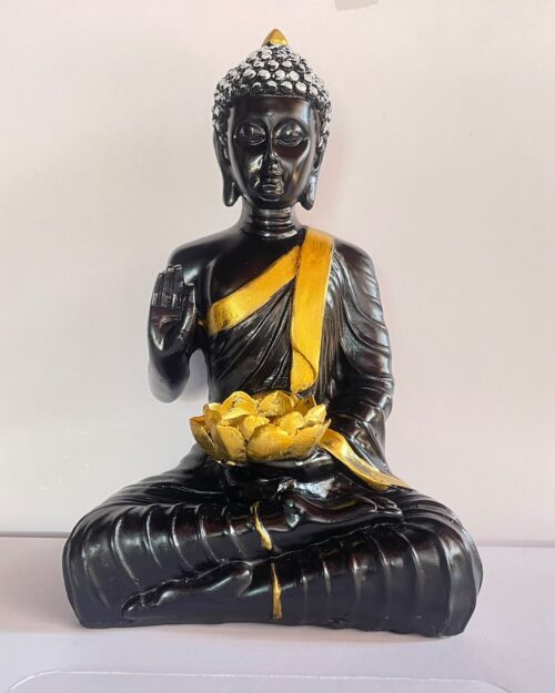 Black & Gold Buddha Statue – Meditating Buddha with Golden Lotus