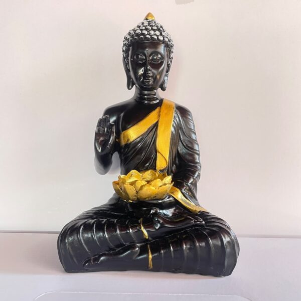 Black & Gold Buddha Statue – Meditating Buddha with Golden Lotus