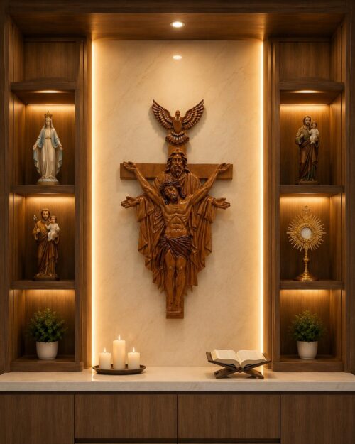 Holy Trinity Wooden Wall Crucifix | Handcrafted Christian Wooden Cross for Home, Church, Prayer Room & Religious Décor