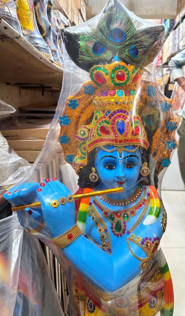 Lord Krishna Flute Playing Fibre Statue – Krishna with Peacock Feather Decorative Figurine| 4 1/4 FT