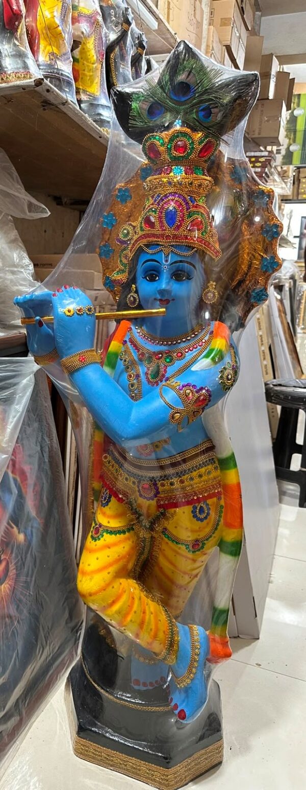 Lord Krishna Flute Playing Fibre Statue – Krishna with Peacock Feather Decorative Figurine| 4 1/4 FT
