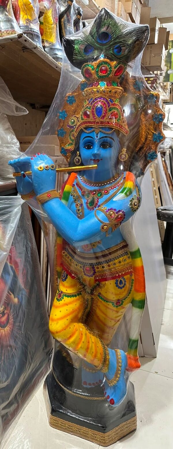 Lord Krishna Flute Playing Fibre Statue – Krishna with Peacock Feather Decorative Figurine| 4 1/4 FT