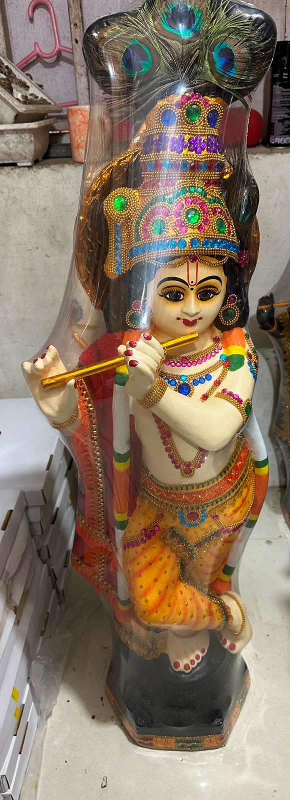 3 FT Lord Krishna Flute Playing Fibre Statue – Krishna with Peacock Feather Decorative Figurine