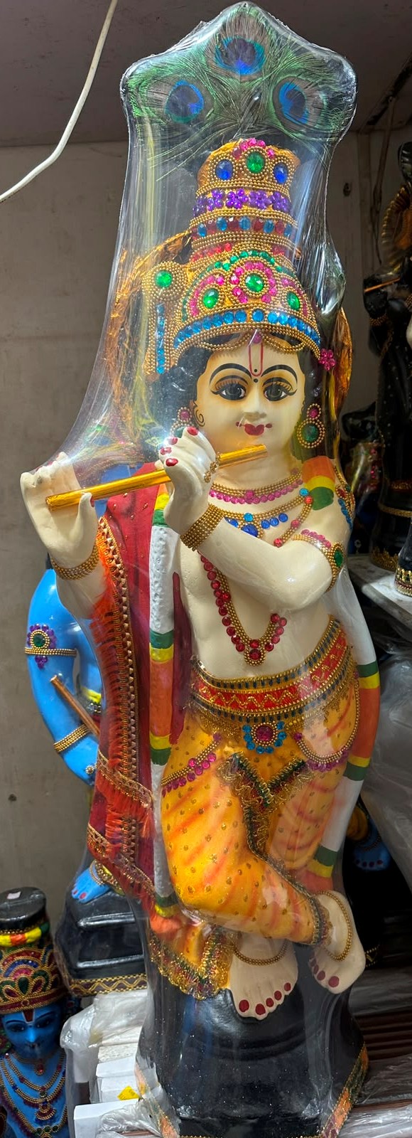 3 FT Lord Krishna Flute Playing Fibre Statue – Krishna with Peacock Feather Decorative Figurine