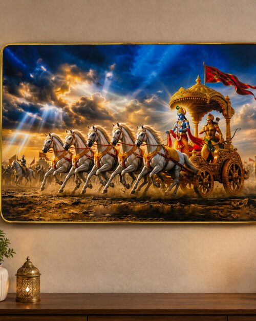 WhatsApp Image 2026-08-12 at 4.21.18 PM Krishna Arjuna Chariot Wall Frame – Bhagavad Gita Kurukshetra Artwork
