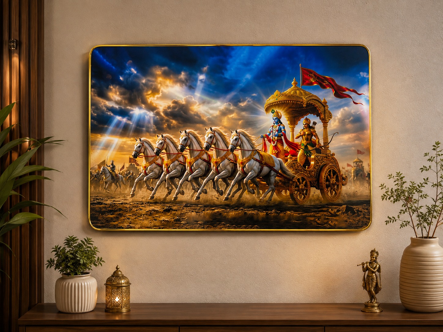 Krishna Arjuna Chariot Wall Frame – Bhagavad Gita Kurukshetra Artwork