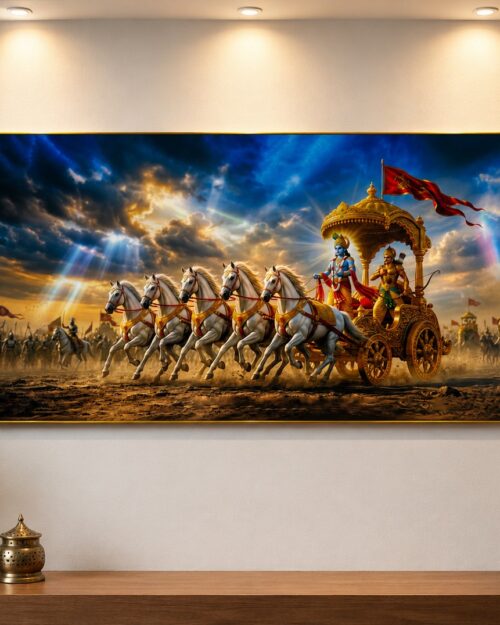 WhatsApp Image 2026-08-12 at 4.25.43 PM Krishna Arjuna Chariot Wall Frame – Bhagavad Gita Kurukshetra Artwork | 19 x 38 Inch
