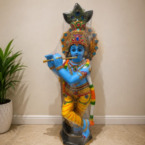 Lord Krishna Flute Playing Fibre Statue – Krishna with Peacock Feather Decorative Figurine| 4 1/4 FT