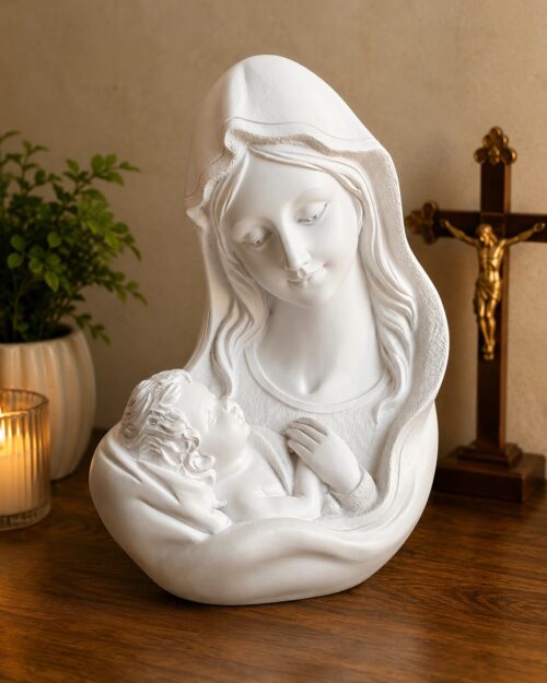 Mother Mary with Infant Jesus White Resin Statue
