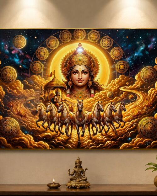 Surya Dev Seven Horses Wall Art 32 x 22 Inch– Divine Sun God Decorative Panel