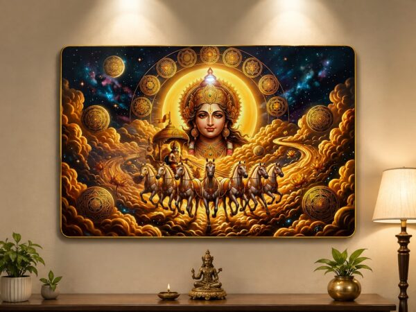 Surya Dev Seven Horses Wall Art 32 x 22 Inch– Divine Sun God Decorative Panel