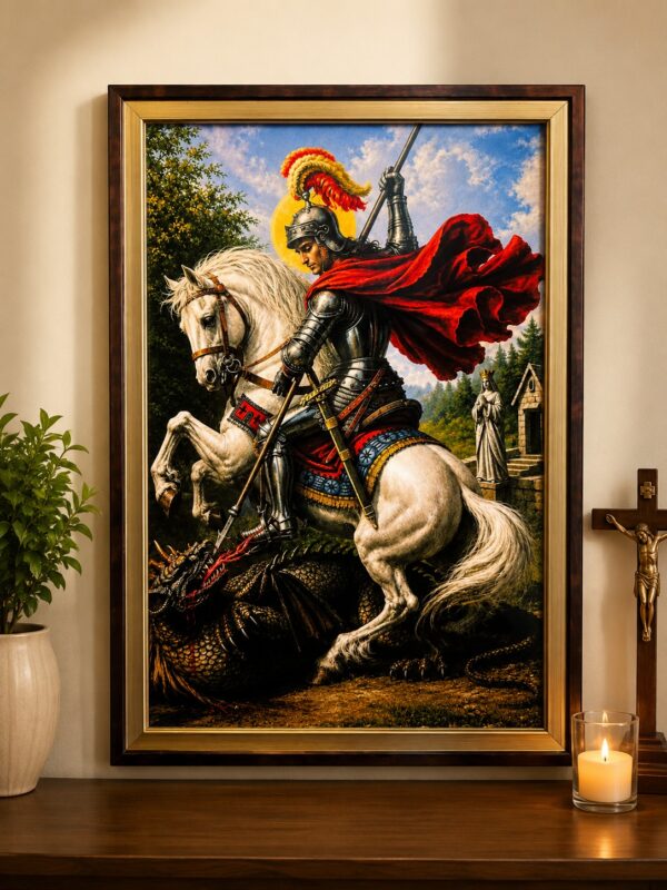St. George and the Dragon – Mounted Warrior Religious Wall Art Frame | 14 x 20 Inch
