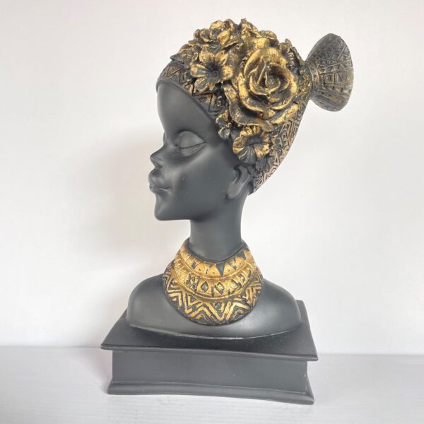 African Tribal Lady Head Bust – Elegant Black & Gold Ethnic Art Sculpture