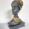 African Tribal Lady Head Bust – Elegant Black & Gold Ethnic Art Sculpture