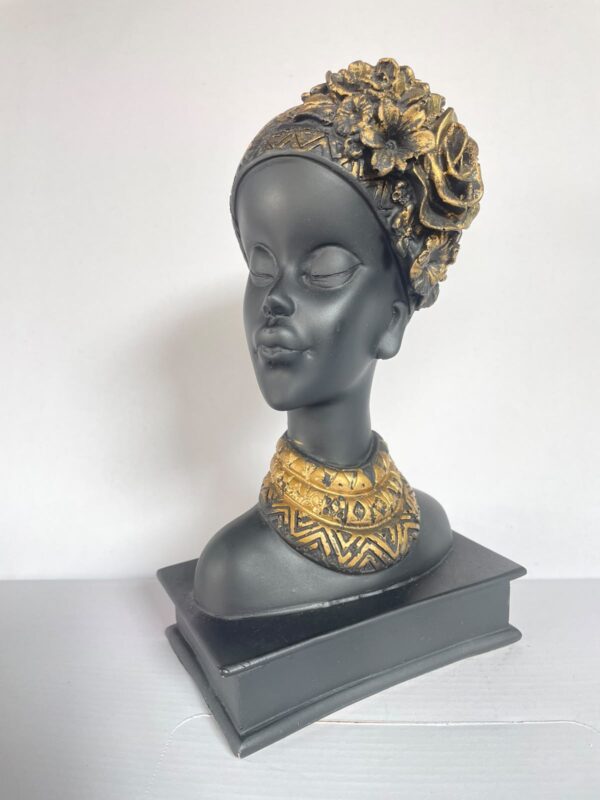 African Tribal Lady Head Bust – Elegant Black & Gold Ethnic Art Sculpture