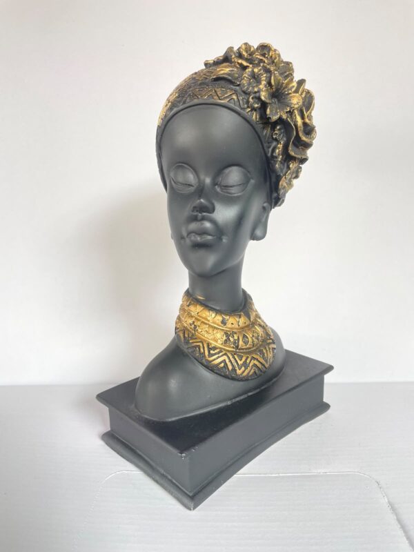 African Tribal Lady Head Bust – Elegant Black & Gold Ethnic Art Sculpture