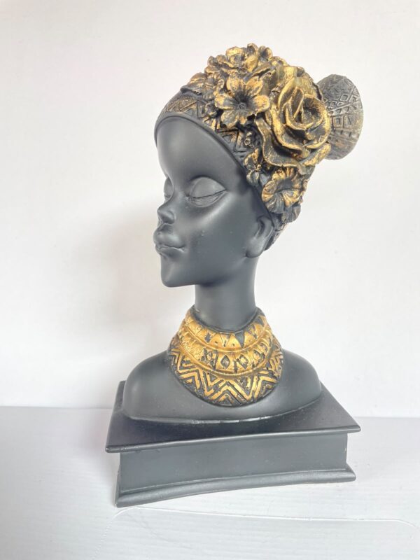 African Tribal Lady Head Bust – Elegant Black & Gold Ethnic Art Sculpture