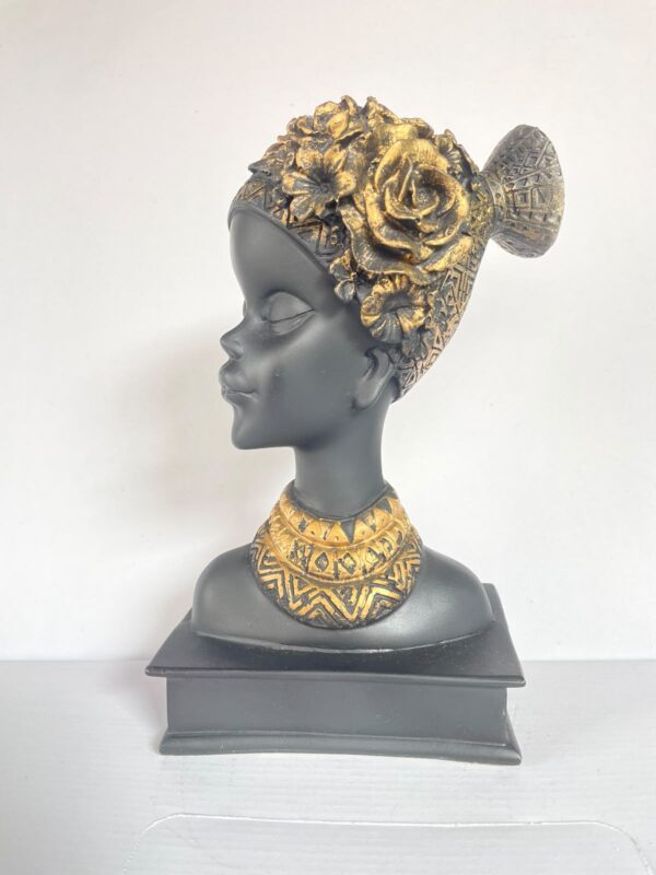 African Tribal Lady Head Bust – Elegant Black & Gold Ethnic Art Sculpture