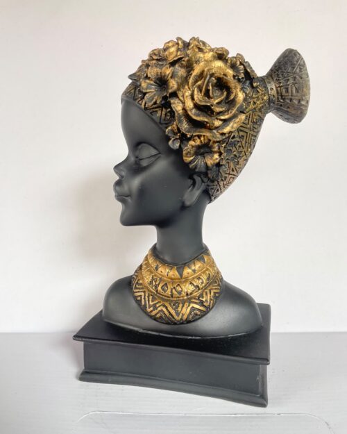 African Tribal Lady Head Bust – Elegant Black & Gold Ethnic Art Sculpture