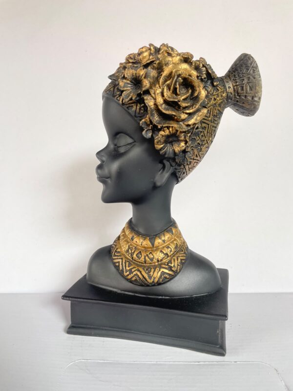 African Tribal Lady Head Bust – Elegant Black & Gold Ethnic Art Sculpture