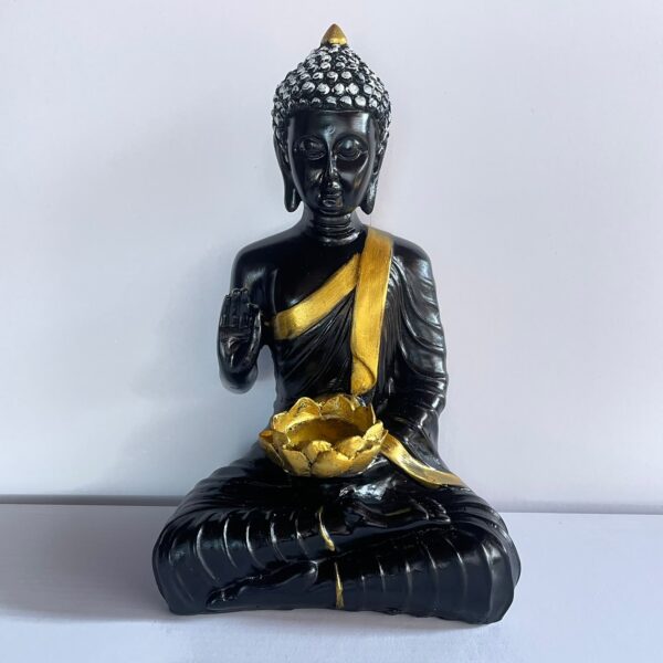 Black & Gold Buddha Statue – Meditating Buddha with Golden Lotus