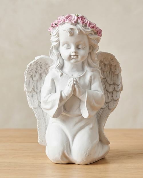 A Praying Angel Cherub Statue with Pink Rose Crown – White Decorative Figurine N 55 | 6 Inch