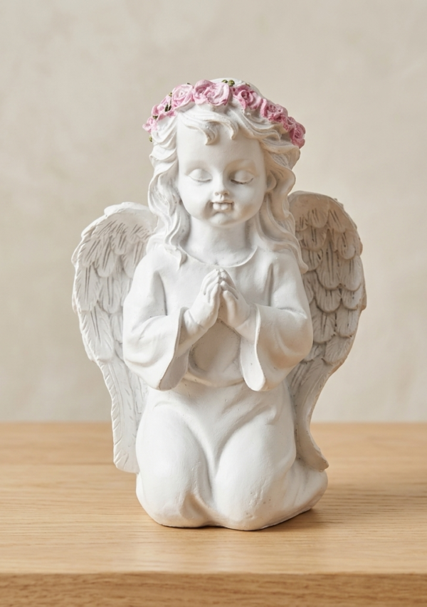Praying Angel Cherub Statue with Pink Rose Crown – White Decorative Figurine   N 55 | 6 Inch