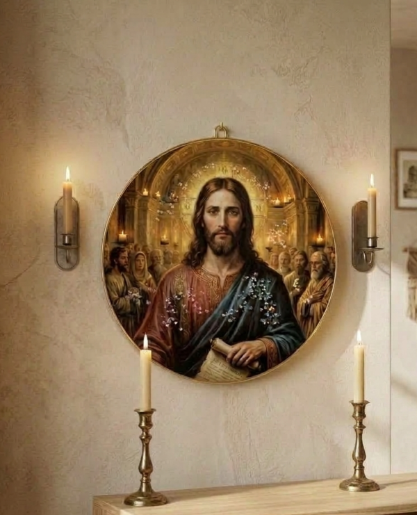 Jesus Christ Round Wall Frame with Crystal Embellishments – Christian Religious Décor N 3 | 12 Inch