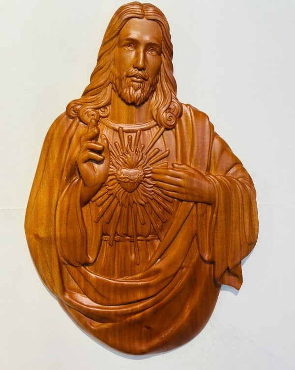 Sacred Heart of Jesus Wooden Wall Plaque – Hand-Carved Christ Religious Wall Art | 1.5 FT