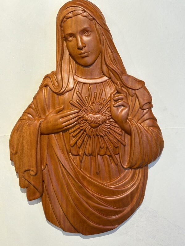 Sacred Heart of Mary Wooden Wall Plaque – Hand-Carved Our Lady Religious Wall Art | 1.5 FT