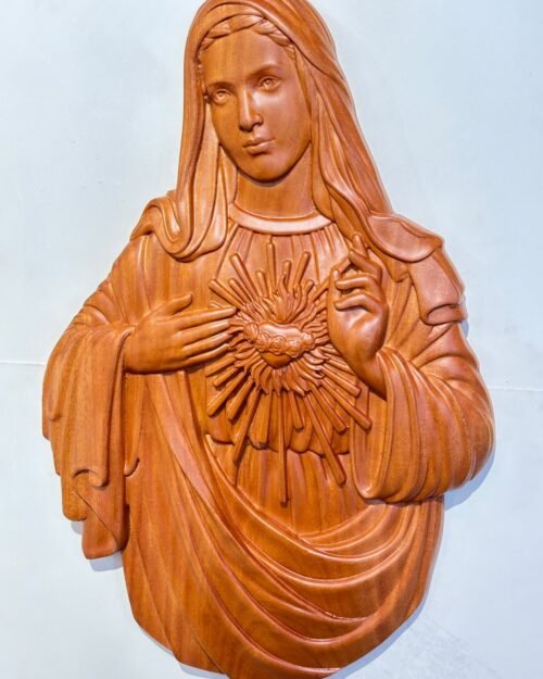 Matha Sacred Heart of Mary Wooden Wall Plaque – Hand-Carved Our Lady Religious Wall Art | 1.5 FT
