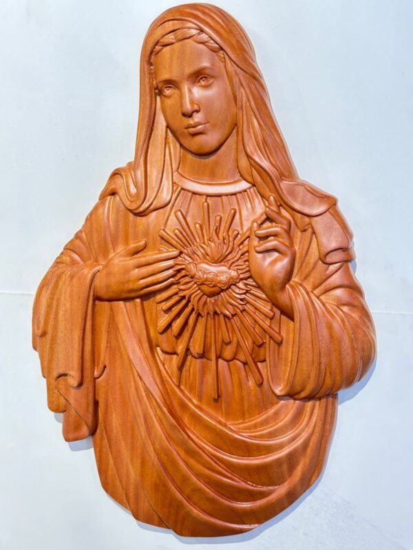 Sacred Heart of Mary Wooden Wall Plaque – Hand-Carved Our Lady Religious Wall Art | 1.5 FT
