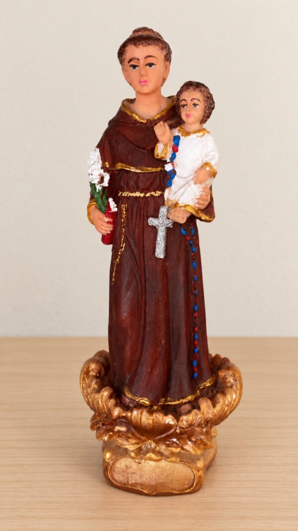 St. Antony Statue with Baby Jesus and Lily – Brown and Gold Finish | 7.5 Inch