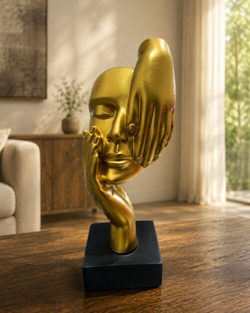 Golden Abstract Meditating Face Sculpture with Black Base N 6 | 10.5 Inch
