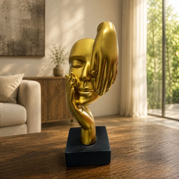 Golden Abstract Meditating Face Sculpture with Black Base N 6 | 10.5 Inch