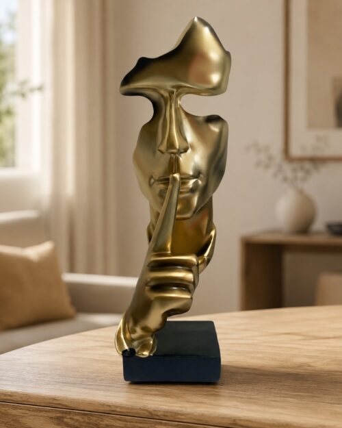 Modern "Silence is Gold" Face Sculpture – Abstract Finger to Lips Mask Statue on Black Base N 7 | 10.5 Inch