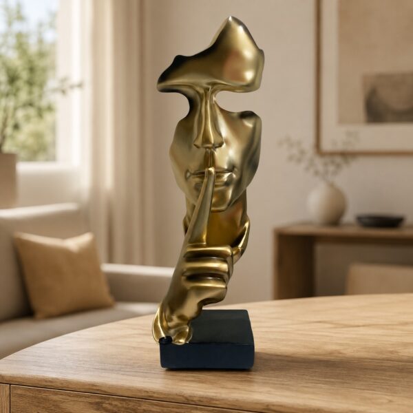 Modern "Silence is Gold" Face Sculpture – Abstract Finger to Lips Mask Statue on Black Base N 7 | 10.5 Inch