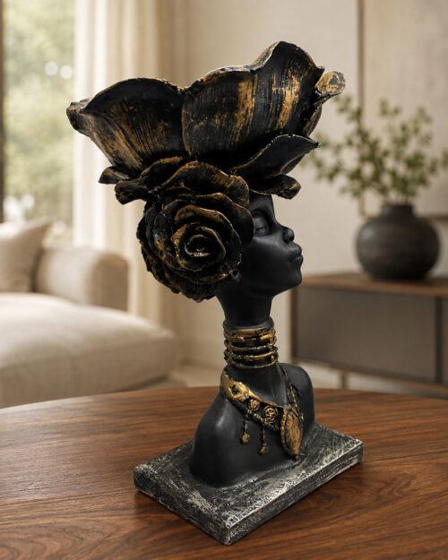 Black & Gold Floral Lady Bust Sculpture | 9.5 Inch